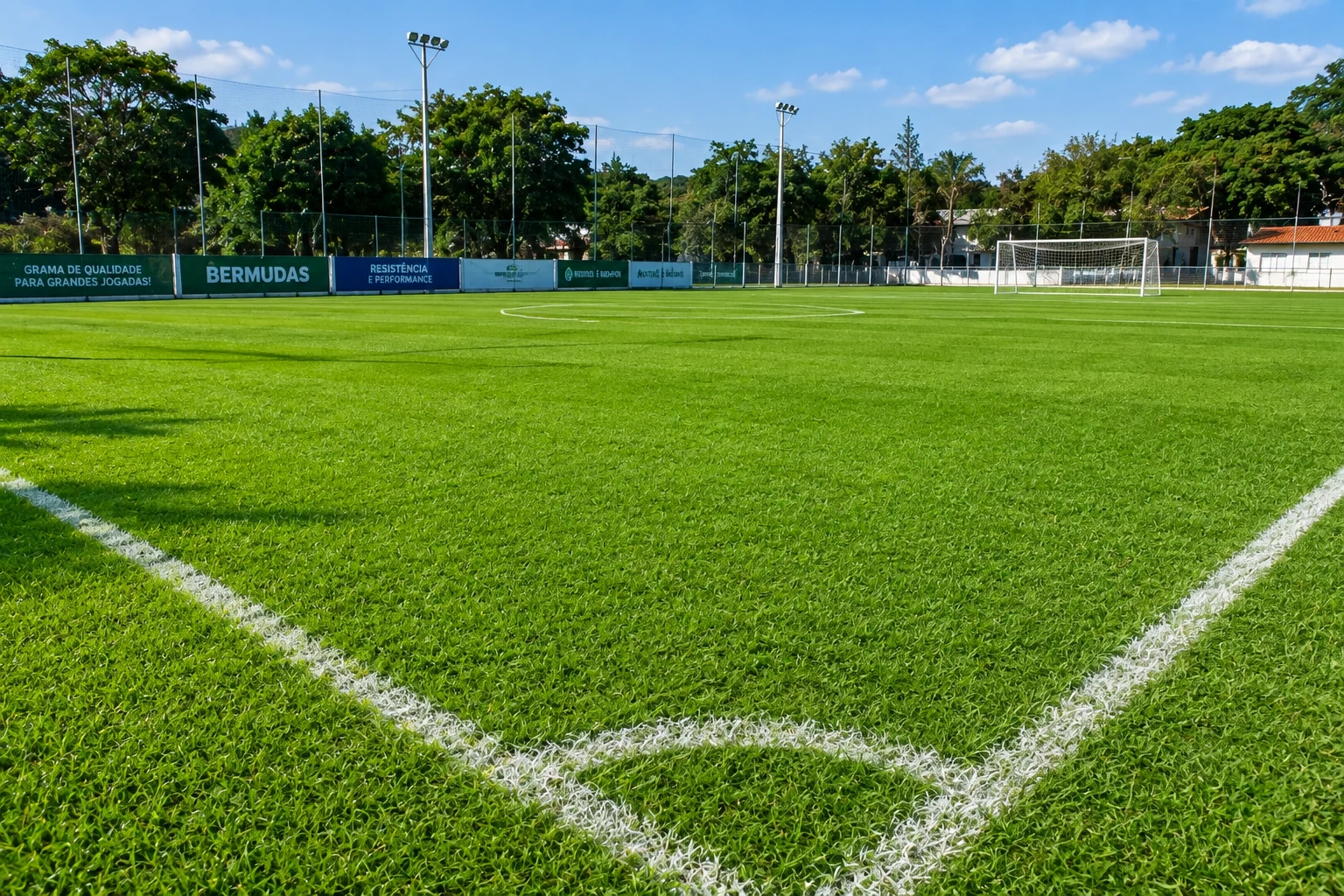 Campo de futebol com grama natural e marcações esportivas