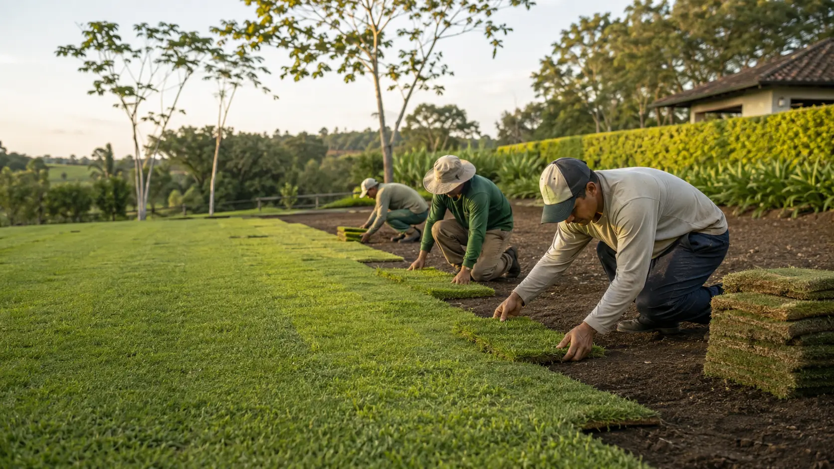 Equipe instalando tapetes de grama natural sobre solo preparado